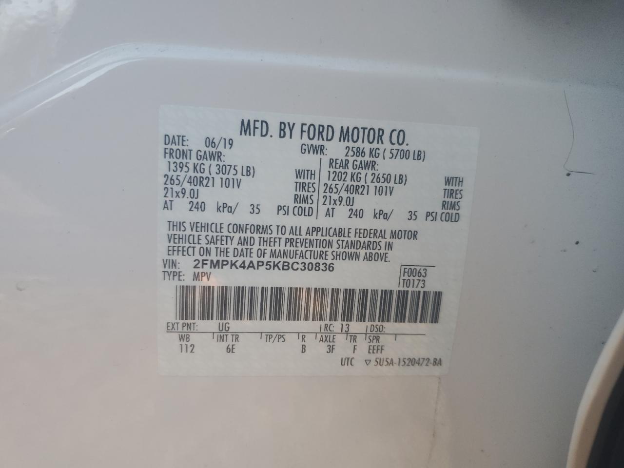 2019 Ford Edge VIN 2FMPK4AP5KBC30836 Copart auction photo, all over / undercarriage damage thumbnail 16