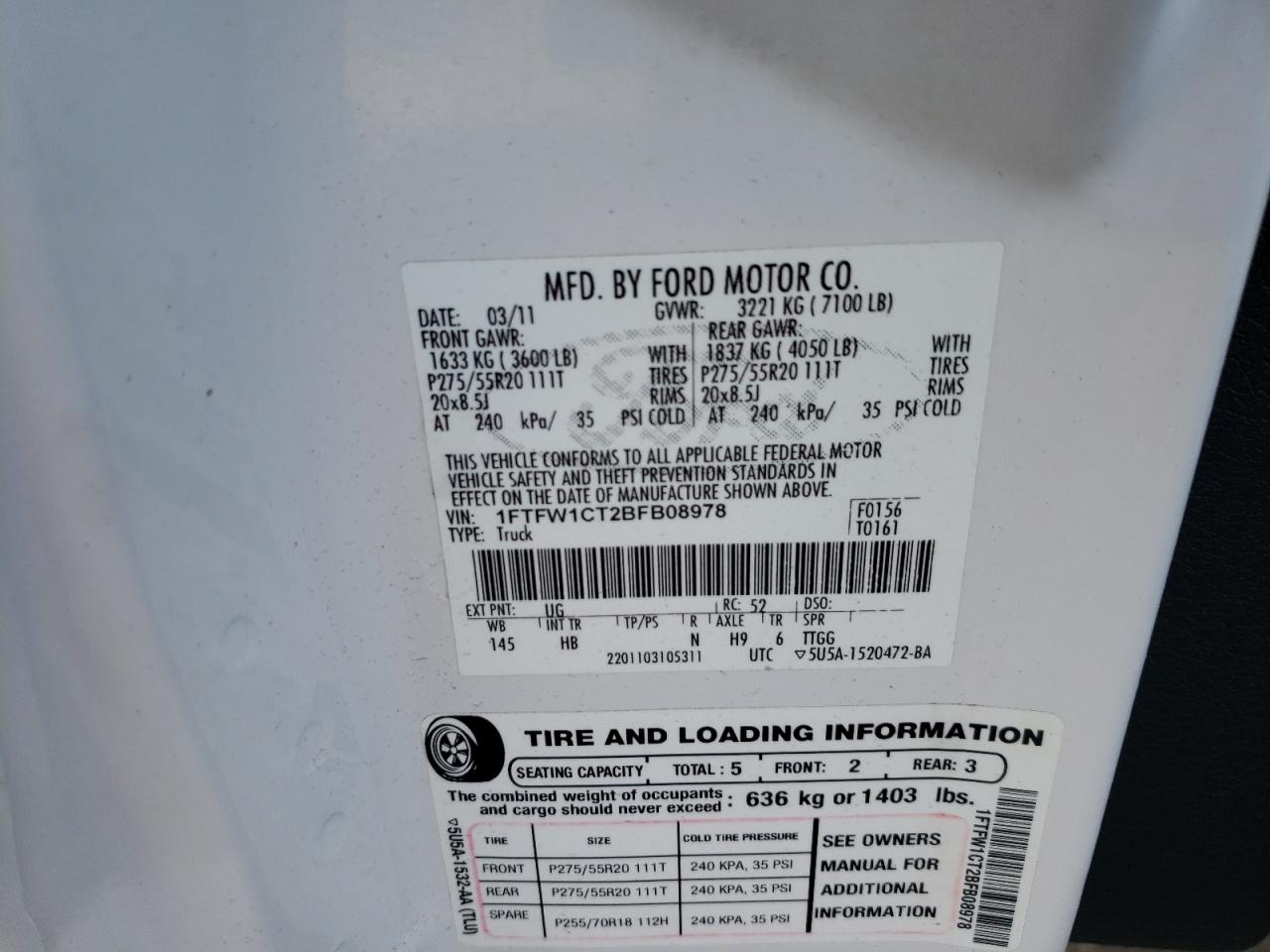 2011 Ford F-150 VIN 1FTFW1CT2BFB08978 Copart auction photo, minor dent/scratches damage thumbnail 12