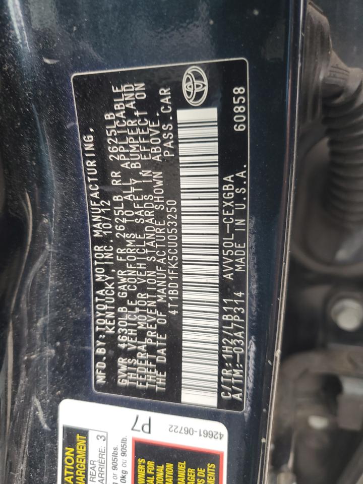 2012 Toyota Camry VIN 4T1BD1FK5CU053250 Copart auction photo, all over damage thumbnail 12