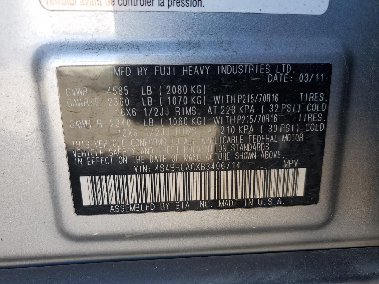2011 Subaru Outback VIN 4S4BRCACXB3406714 Copart auction photo, side / minor dent/scratches damage thumbnail 13