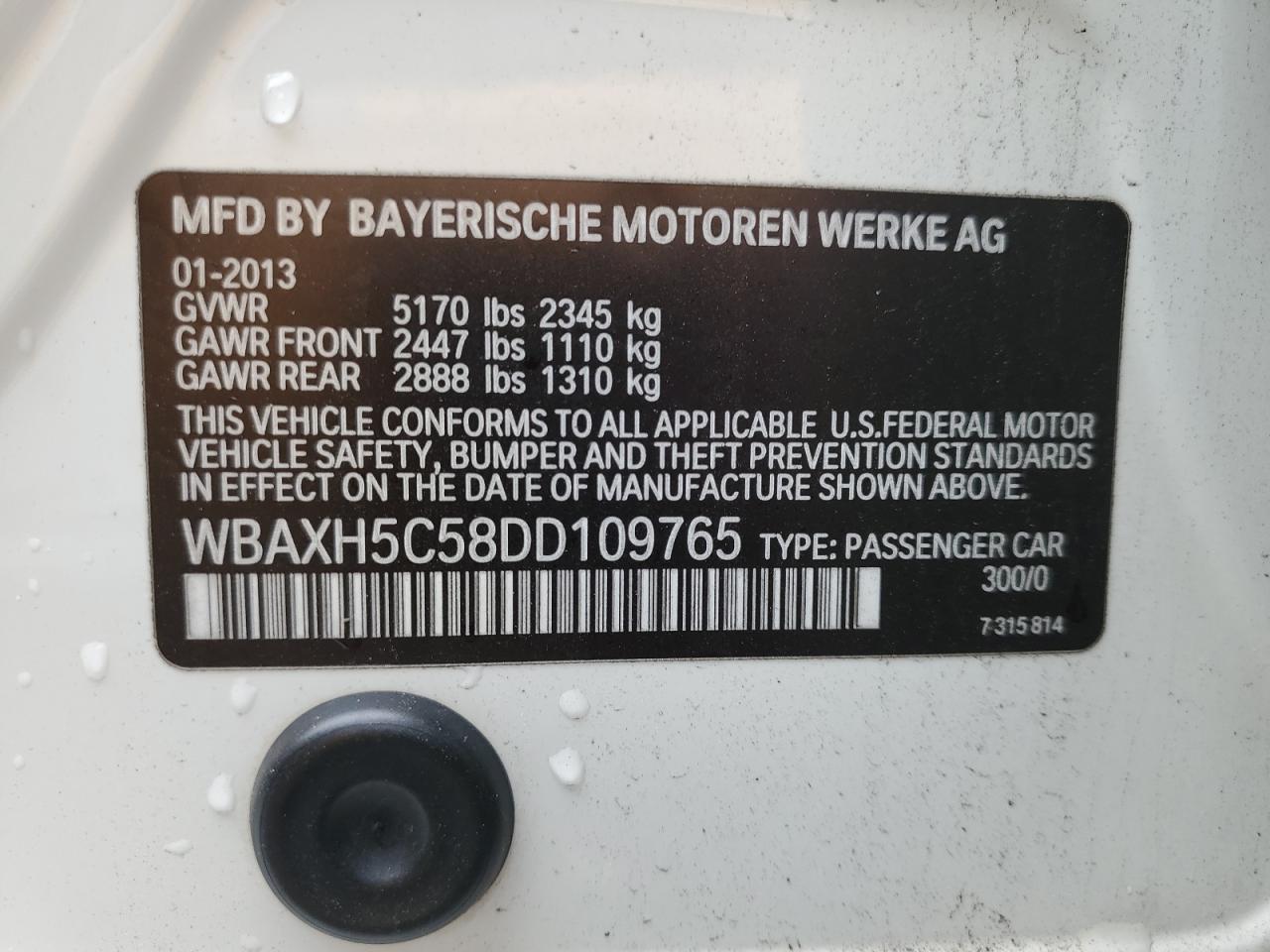 2013 BMW 5er VIN WBAXH5C58DD109765 Copart auction photo, minor dent/scratches damage thumbnail 12