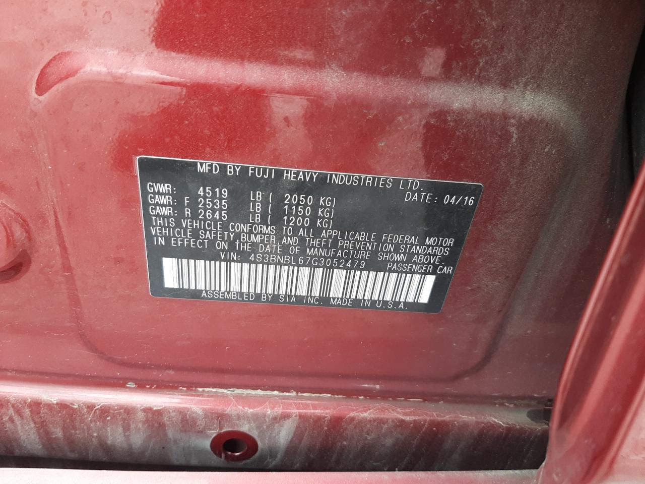 2016 Subaru Legacy VIN 4S3BNBL67G3052479 Copart auction photo, front end / side damage thumbnail 13