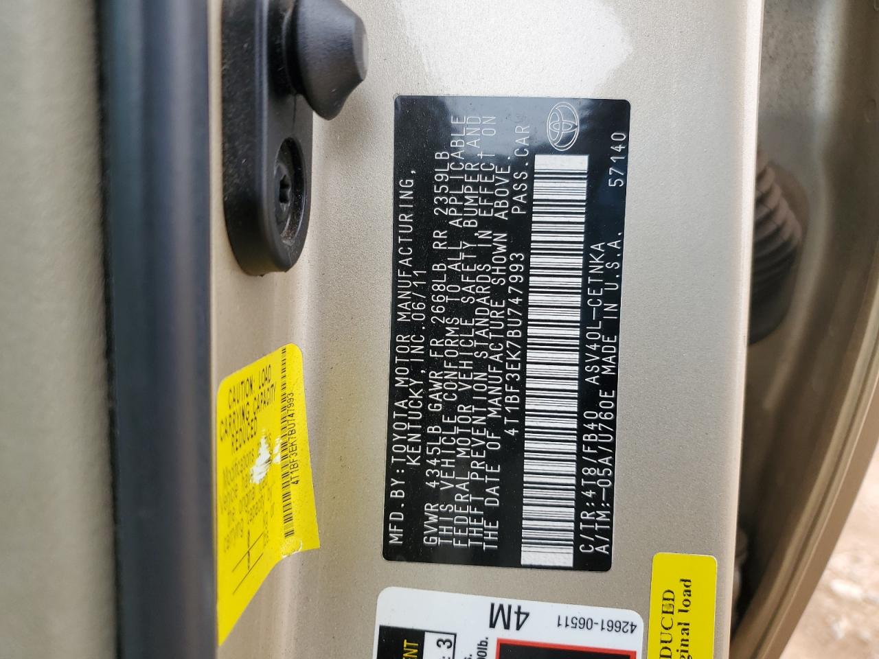 2011 Toyota Camry VIN 4T1BF3EK7BU747993 Copart auction photo, front end / mechanical damage thumbnail 14