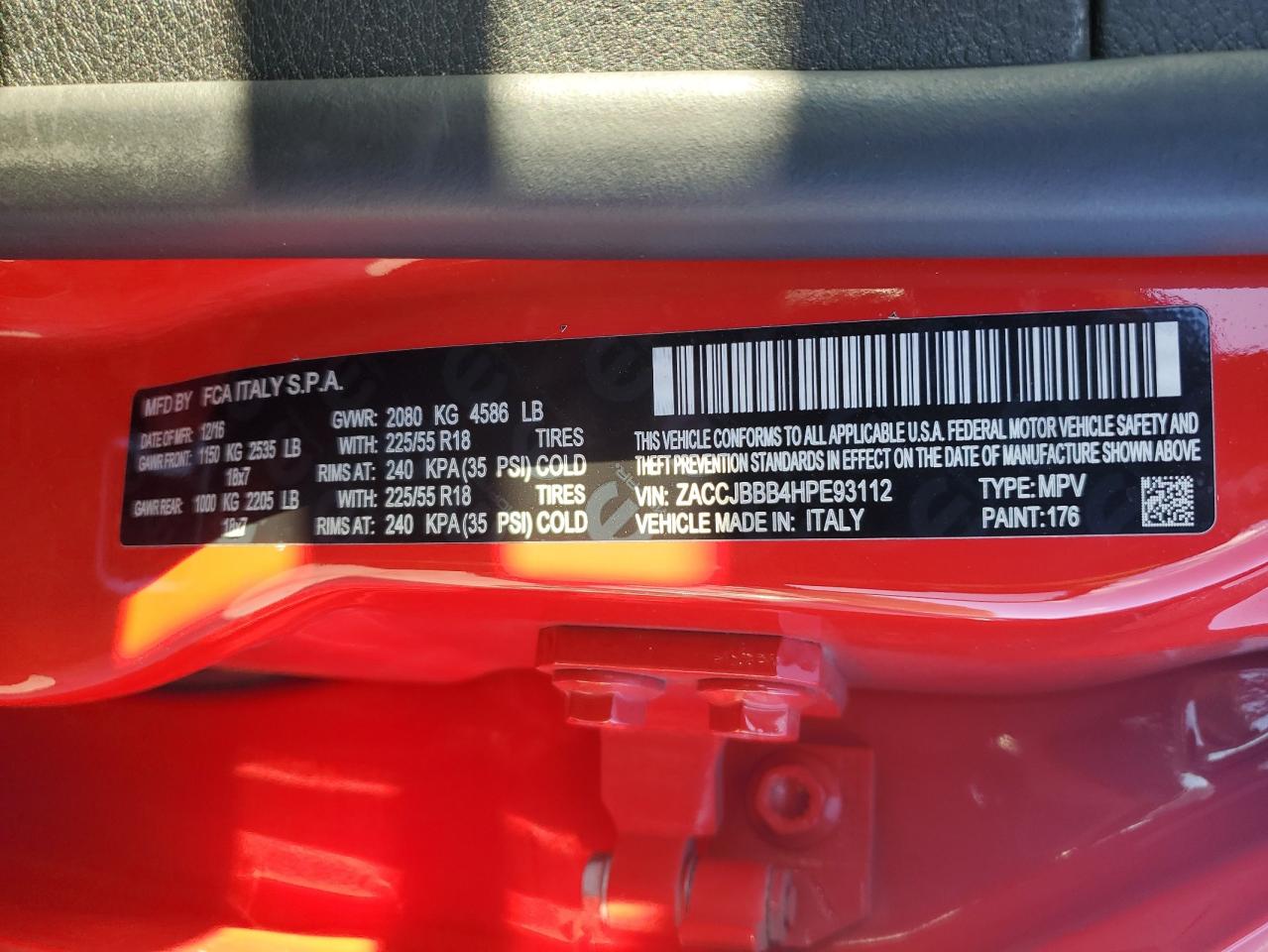 2017 Jeep Renegade VIN ZACCJBBB4HPE93112 Copart auction photo, front end damage thumbnail 13