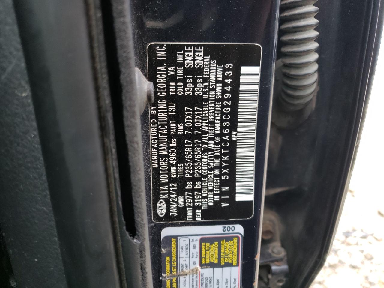 2012 KIA Sorento VIN 5XYKTCA63CG294433 Copart auction photo, front end / undercarriage damage thumbnail 13