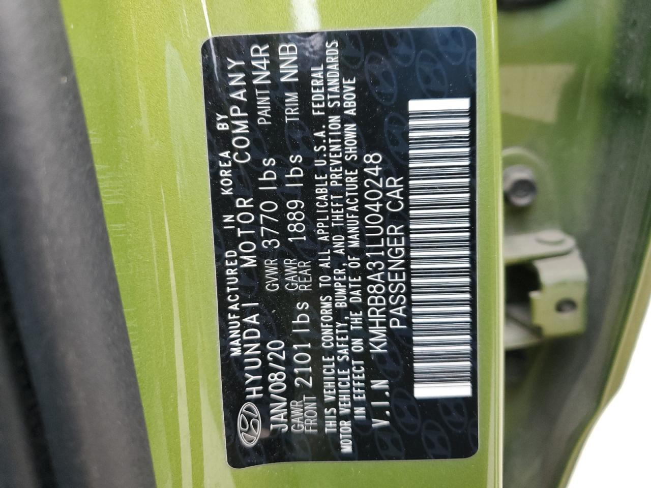 2020 Hyundai Venue VIN KMHRB8A31LU040248 Copart auction photo, rear end damage thumbnail 12