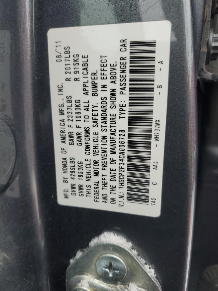 2012 Honda Accord VIN 1HGCP2F34CA006728 Copart auction photo, front end damage thumbnail 12