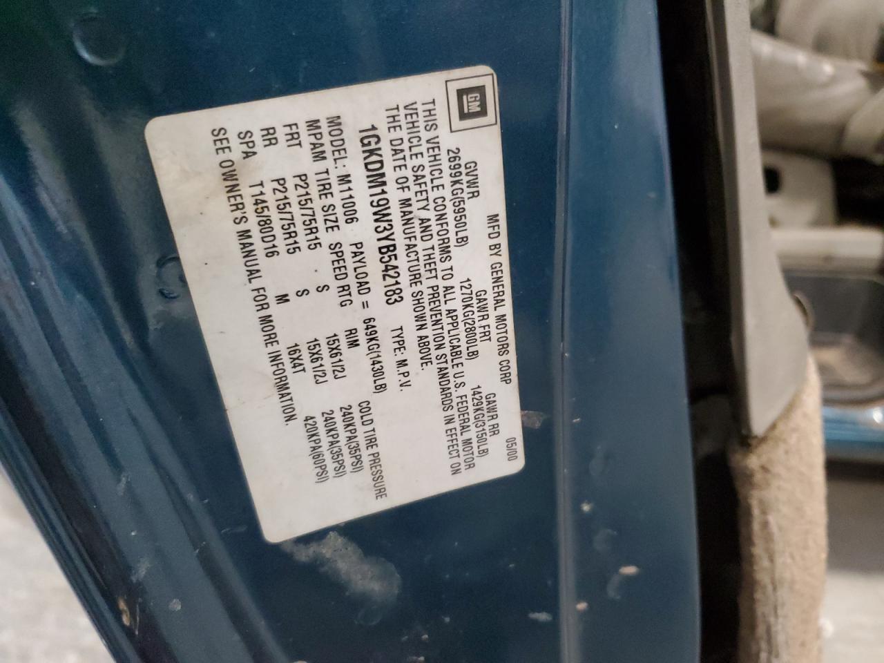 2000 GMC Safari VIN 1GKDM19W3YB542183 Copart auction photo, front end / side damage thumbnail 13