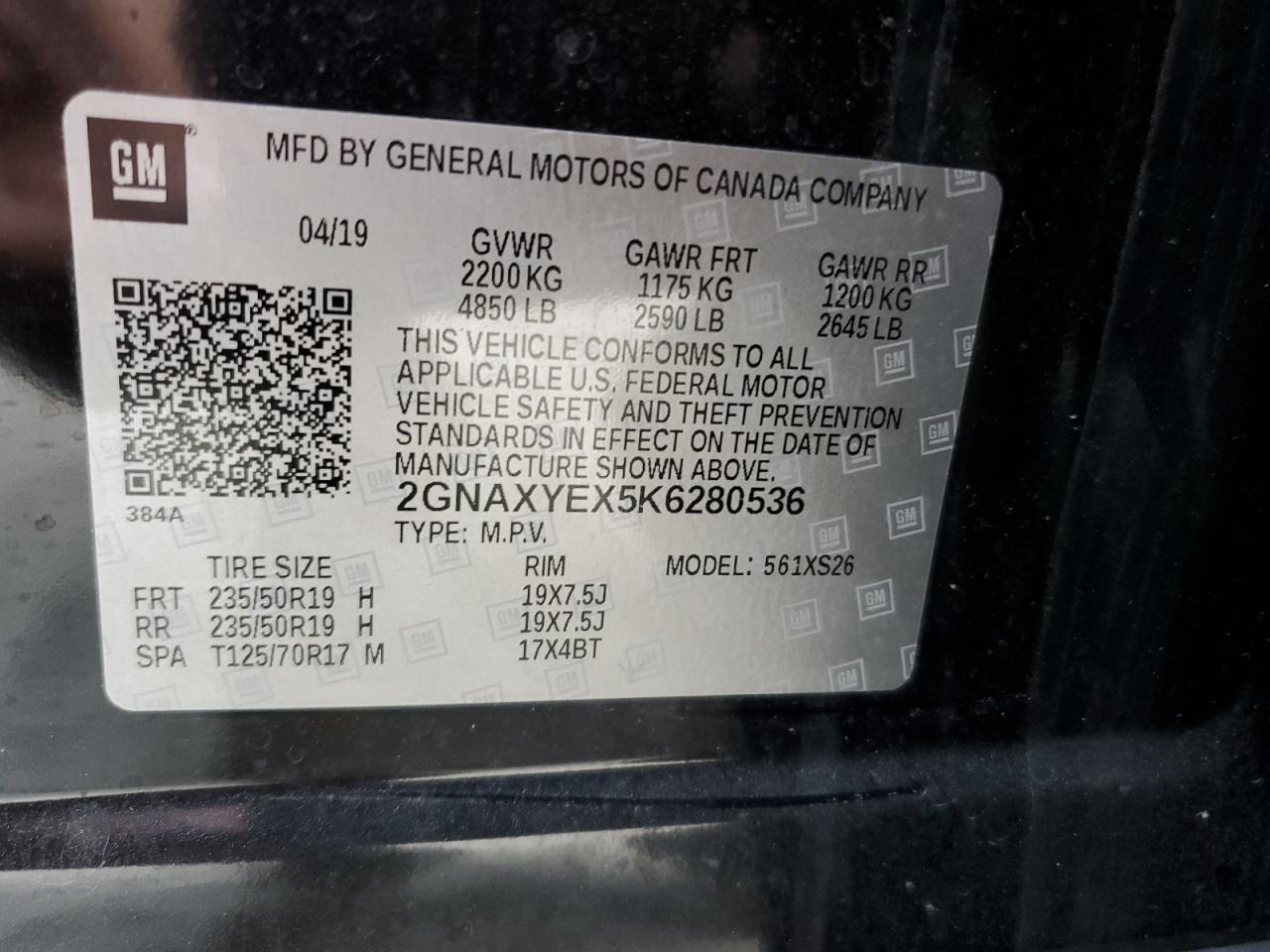 2019 Chevrolet Equinox VIN 2GNAXYEX5K6280536 Copart auction photo, front end / rear end damage thumbnail 13