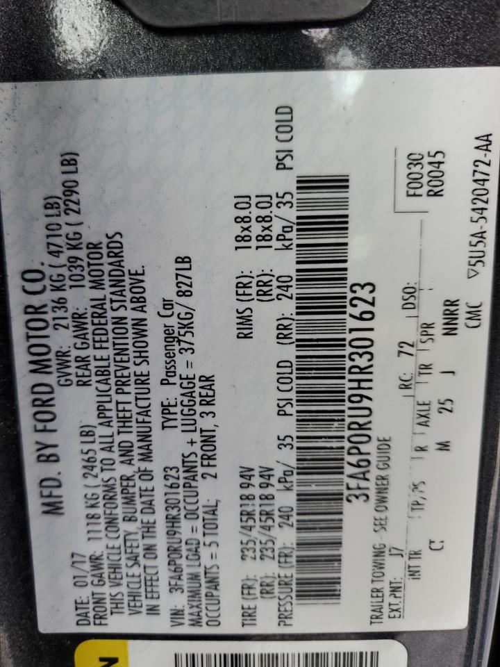 2017 Ford Fusion VIN 3FA6P0RU9HR301623 Copart auction photo, front end damage thumbnail 12