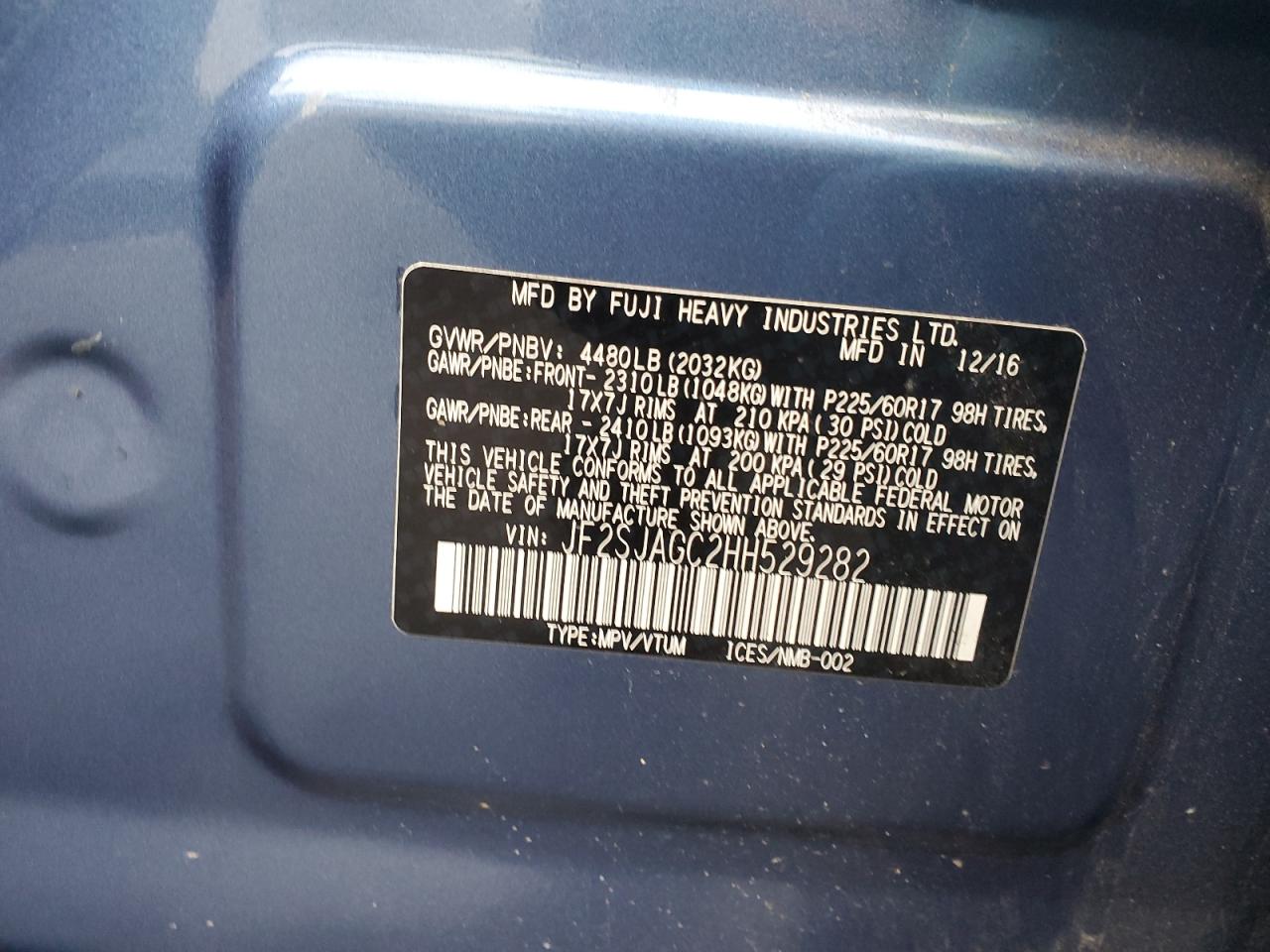 2017 Subaru Forester VIN JF2SJAGC2HH529282 Copart auction photo, front end damage thumbnail 15