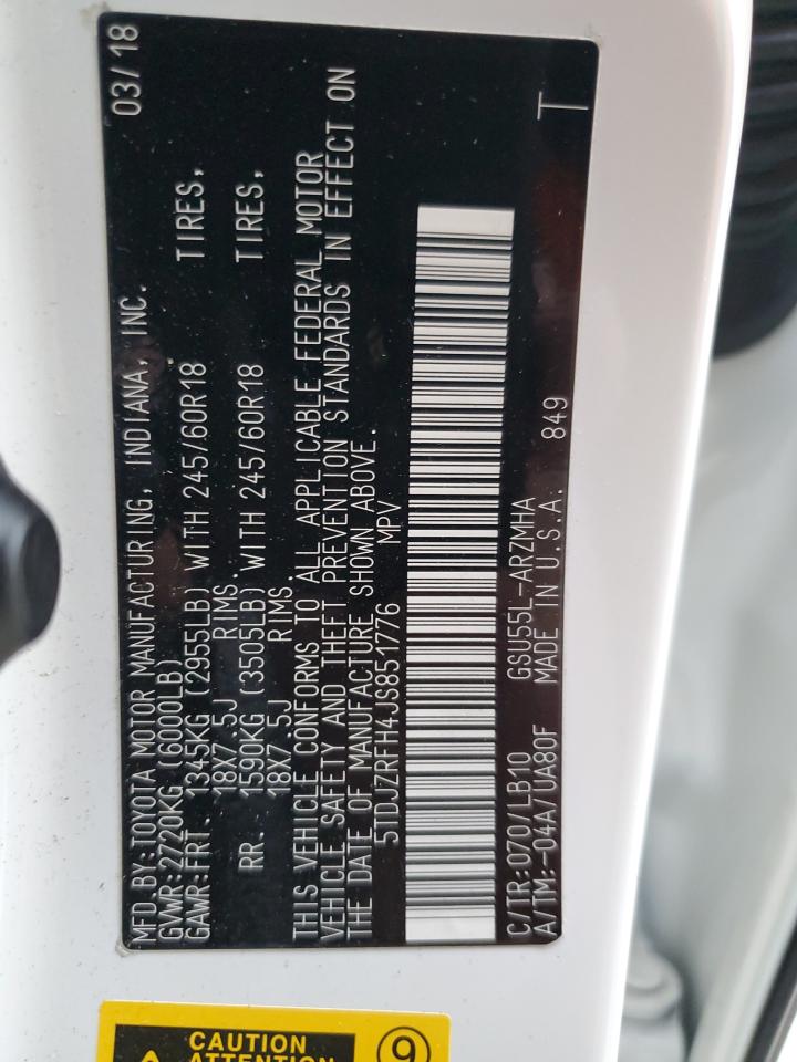 2018 Toyota Highlander VIN 5TDJZRFH4JS851776 Copart auction photo, rear end / minor dent/scratches damage thumbnail 13