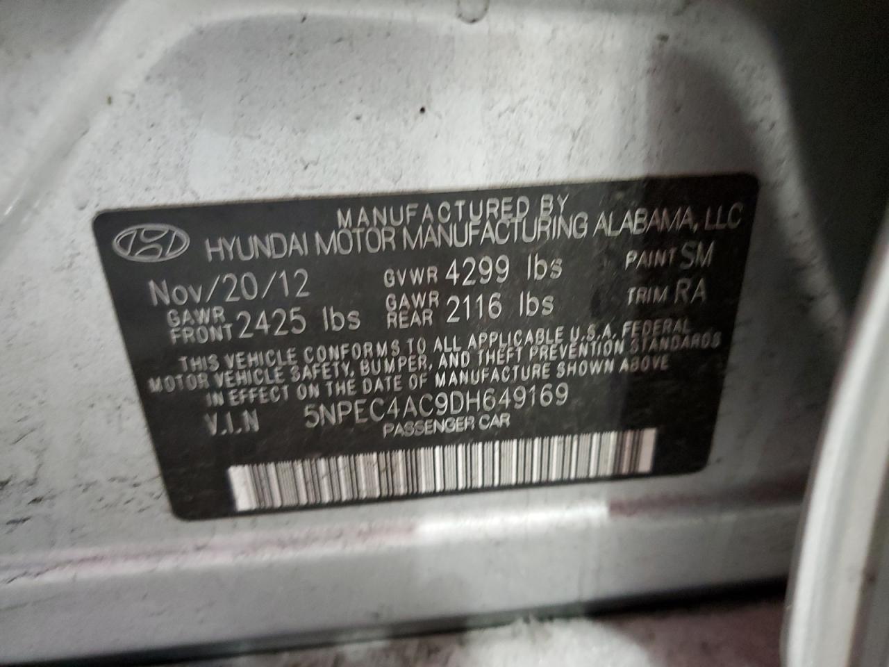 2013 Hyundai Sonata VIN 5NPEC4AC9DH649169 Copart auction photo, front end damage thumbnail 12