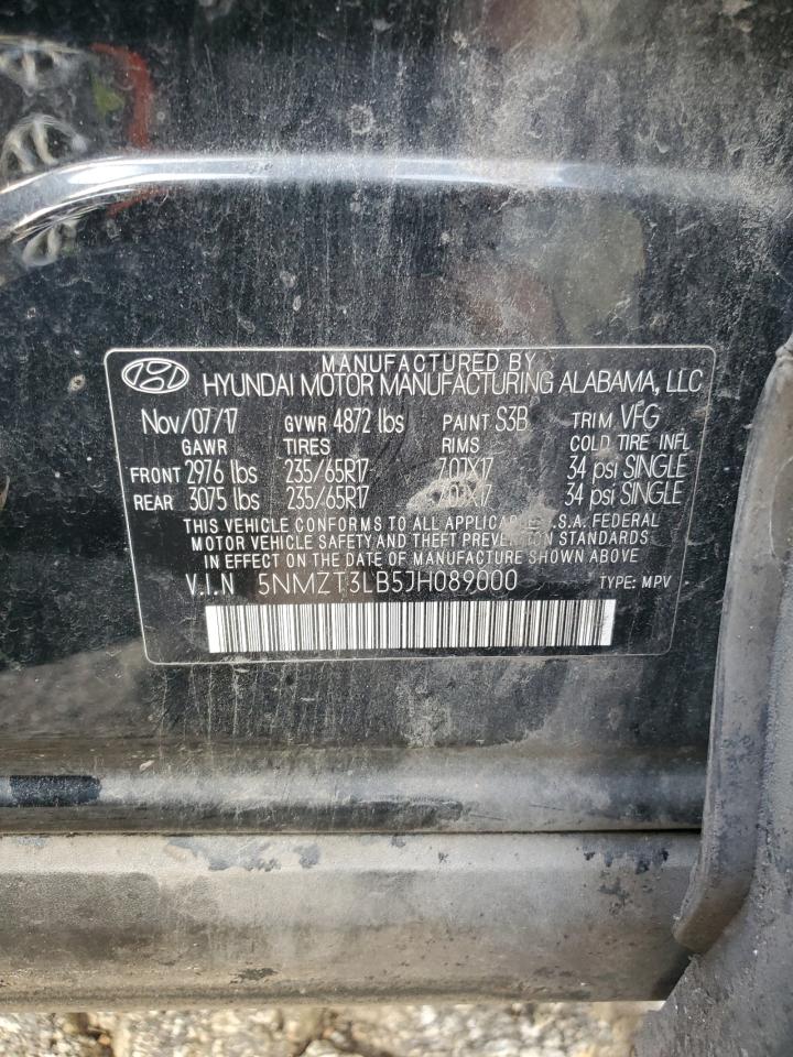 2018 Hyundai Santa Fe VIN 5NMZT3LB5JH089000 Copart auction photo, front end / side damage thumbnail 13