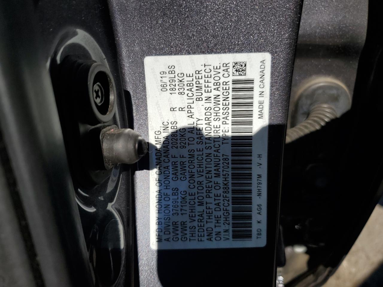 2019 Honda Civic VIN 2HGFC2F88KH570287 Copart auction photo, vandalism / side damage thumbnail 12