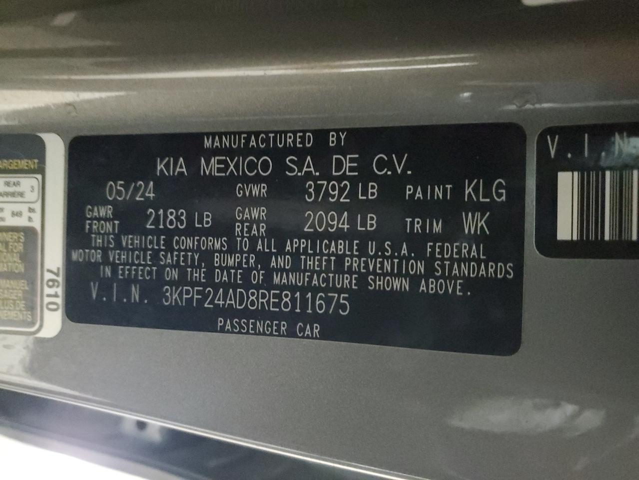 2024 KIA Forte VIN 3KPF24AD8RE811675 Copart auction photo, side / front end damage thumbnail 12