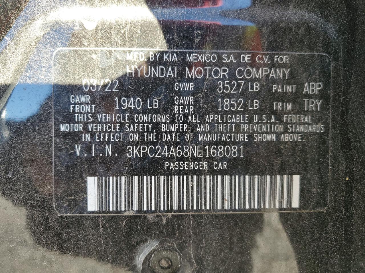 2022 Hyundai Accent VIN 3KPC24A68NE168081 Copart auction photo, all over damage thumbnail 13