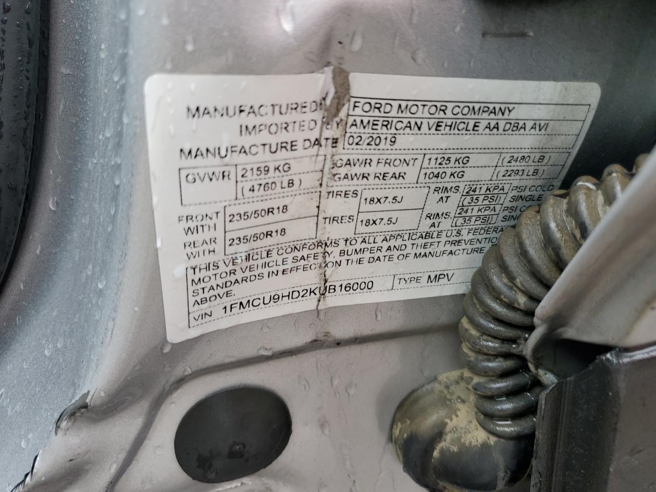 2019 Ford Escape VIN 1FMCU9HD2KUB16000 Copart auction photo, rollover damage thumbnail 13