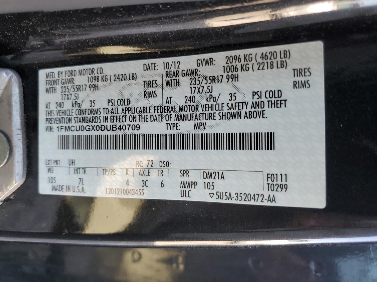 2013 Ford Escape VIN 1FMCU0GX0DUB40709 Copart auction photo, mechanical damage thumbnail 12