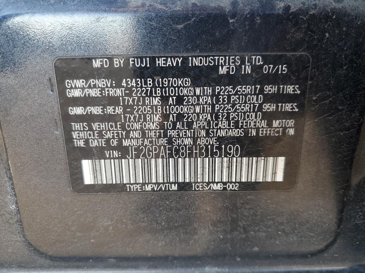 2015 Subaru XV VIN JF2GPAFC8FH315190 Copart auction photo, front end / side damage thumbnail 15