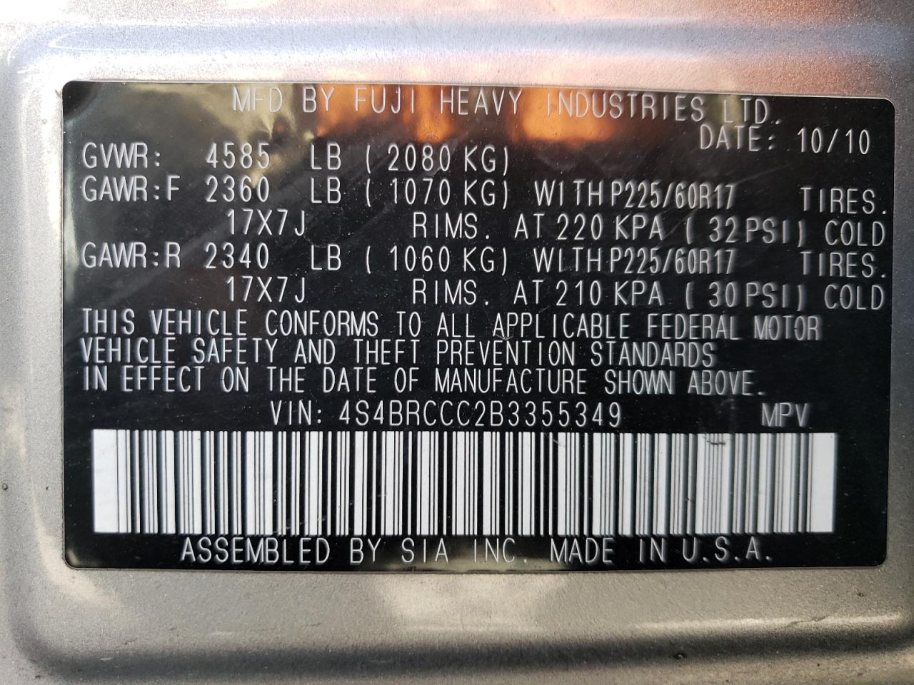 2011 Subaru Outback VIN 4S4BRCCC2B3355349 Copart auction photo, front end / side damage thumbnail 13