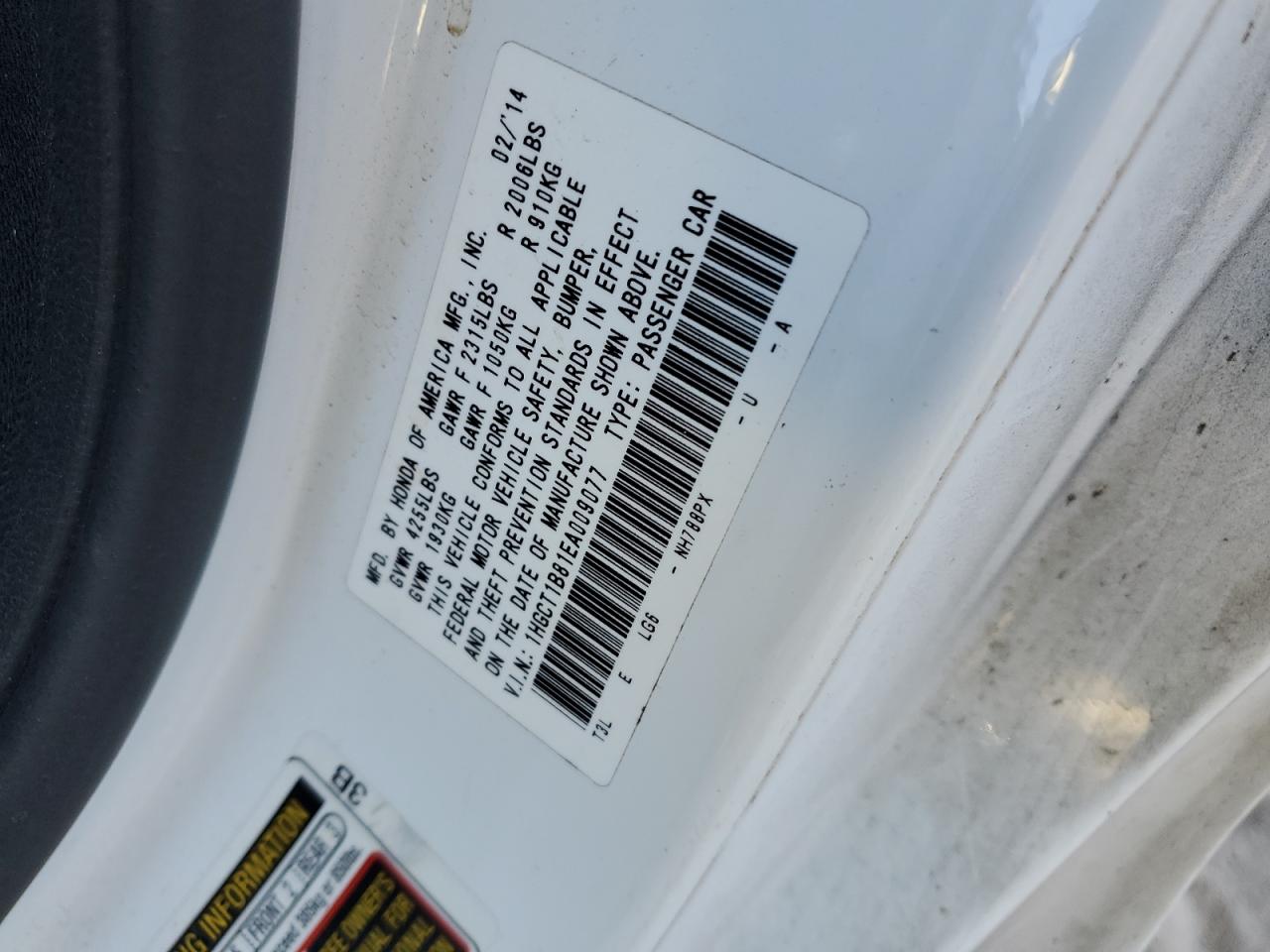 2014 Honda Accord VIN 1HGCT1B81EA009077 Copart auction photo, front end damage thumbnail 12