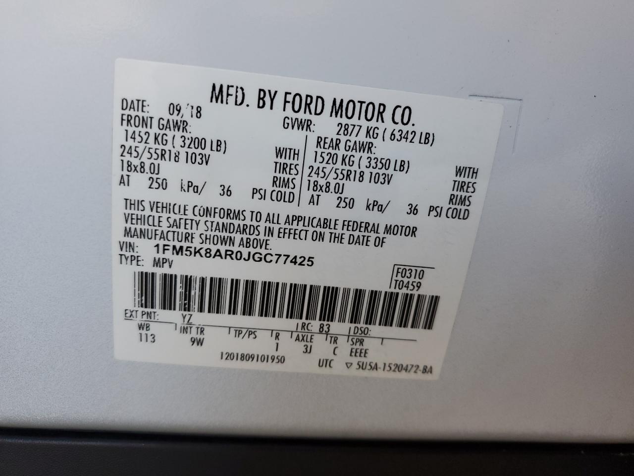 2018 Ford Explorer VIN 1FM5K8AR0JGC77425 Copart auction photo, front end / side damage thumbnail 15