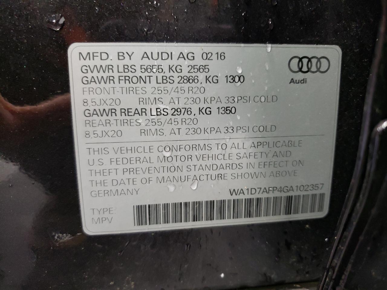2016 Audi Q5 VIN WA1D7AFP4GA102357 Copart auction photo, front end / side damage thumbnail 13