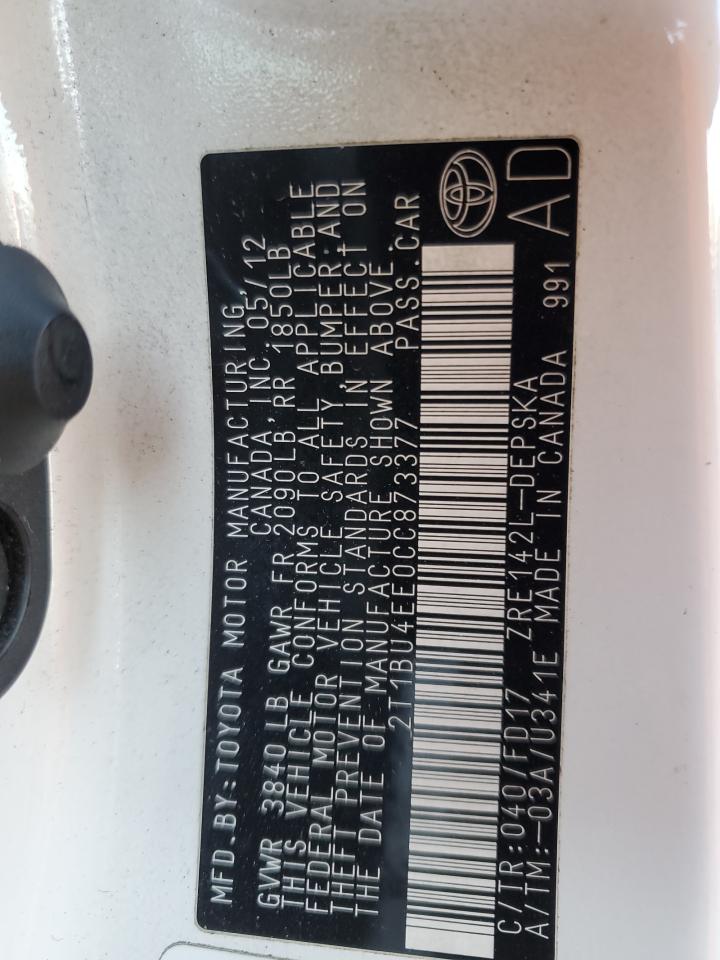 2012 Toyota Corolla VIN 2T1BU4EE0CC873377 Copart auction photo, mechanical damage thumbnail 12