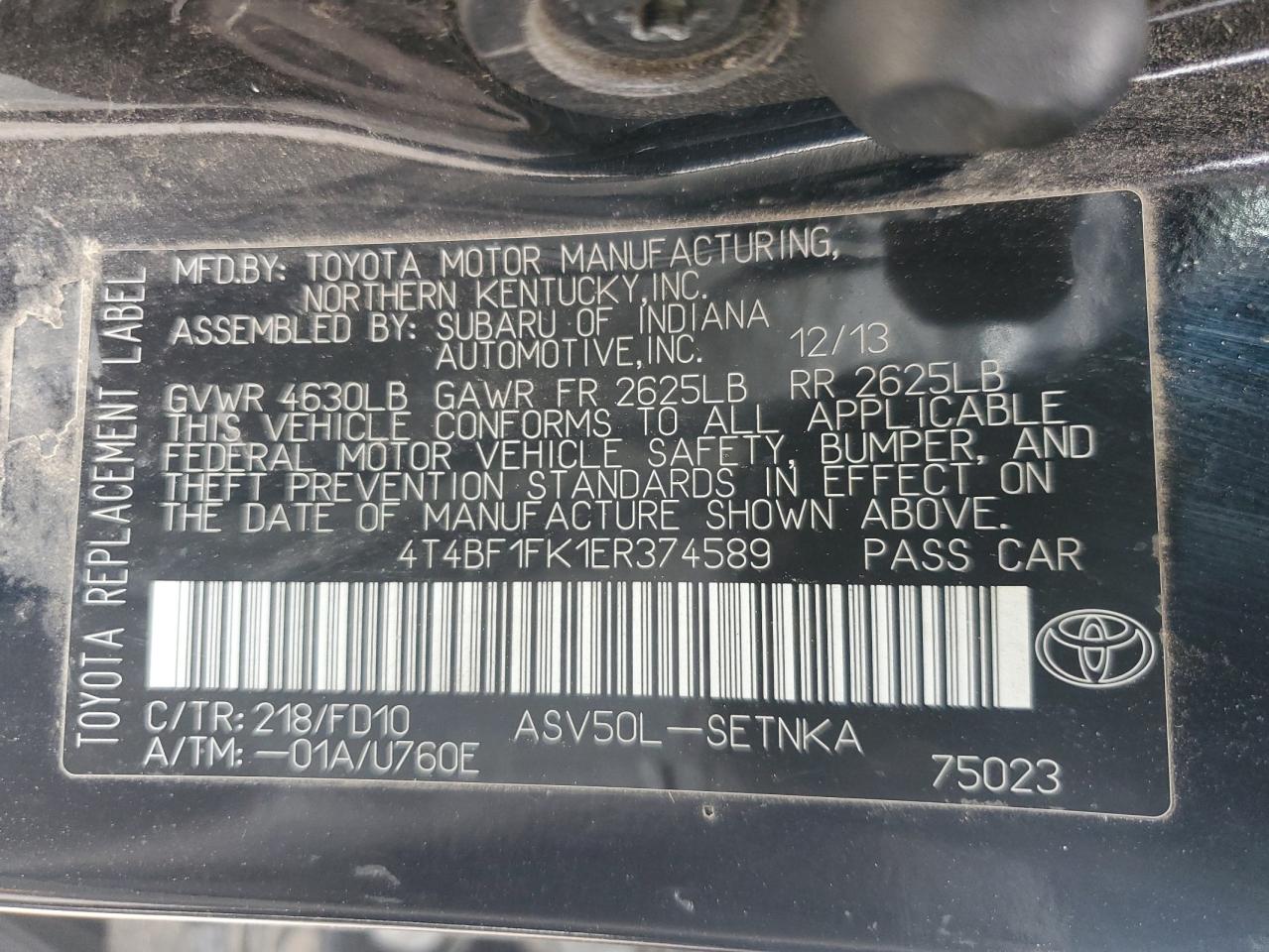 2014 Toyota Camry VIN 4T4BF1FK1ER374589 Copart auction photo, front end / rear end damage thumbnail 13