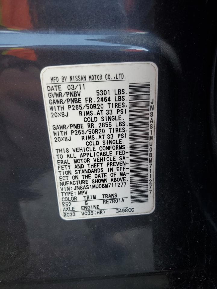 2011 Infiniti FX VIN JN8AS1MU0BM711277 Copart auction photo, rear end / front end damage thumbnail 14