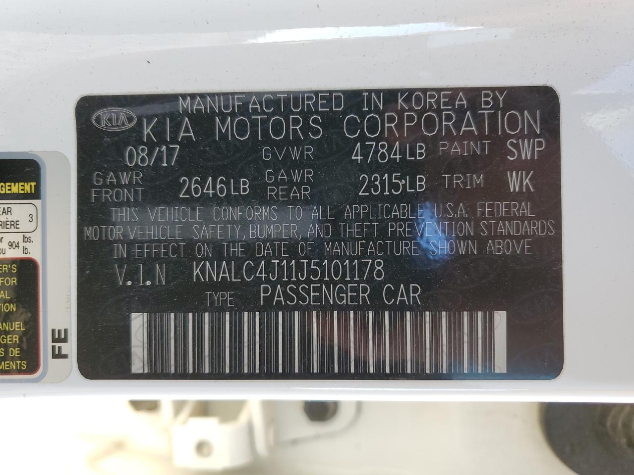2018 KIA Cadenza VIN KNALC4J11J5101178 Copart auction photo, water/flood damage thumbnail 13