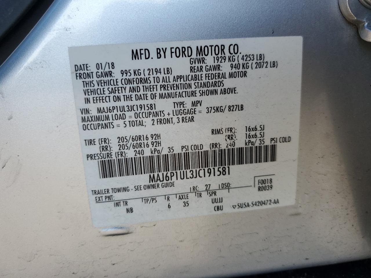 2018 Ford EcoSport VIN MAJ6P1UL3JC191581 Copart auction photo, side / minor dent/scratches damage thumbnail 14