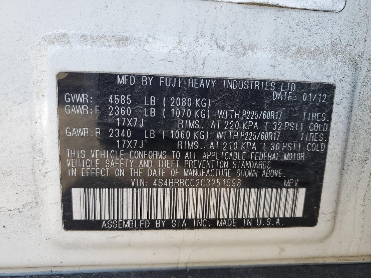 2012 Subaru Outback VIN 4S4BRBCC2C3251598 Copart auction photo, rear end / side damage thumbnail 13