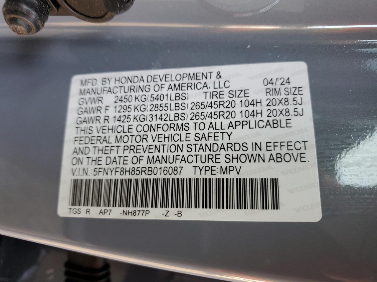 2024 Honda Passport VIN 5FNYF8H85RB016087 Copart auction photo, side damage thumbnail 15
