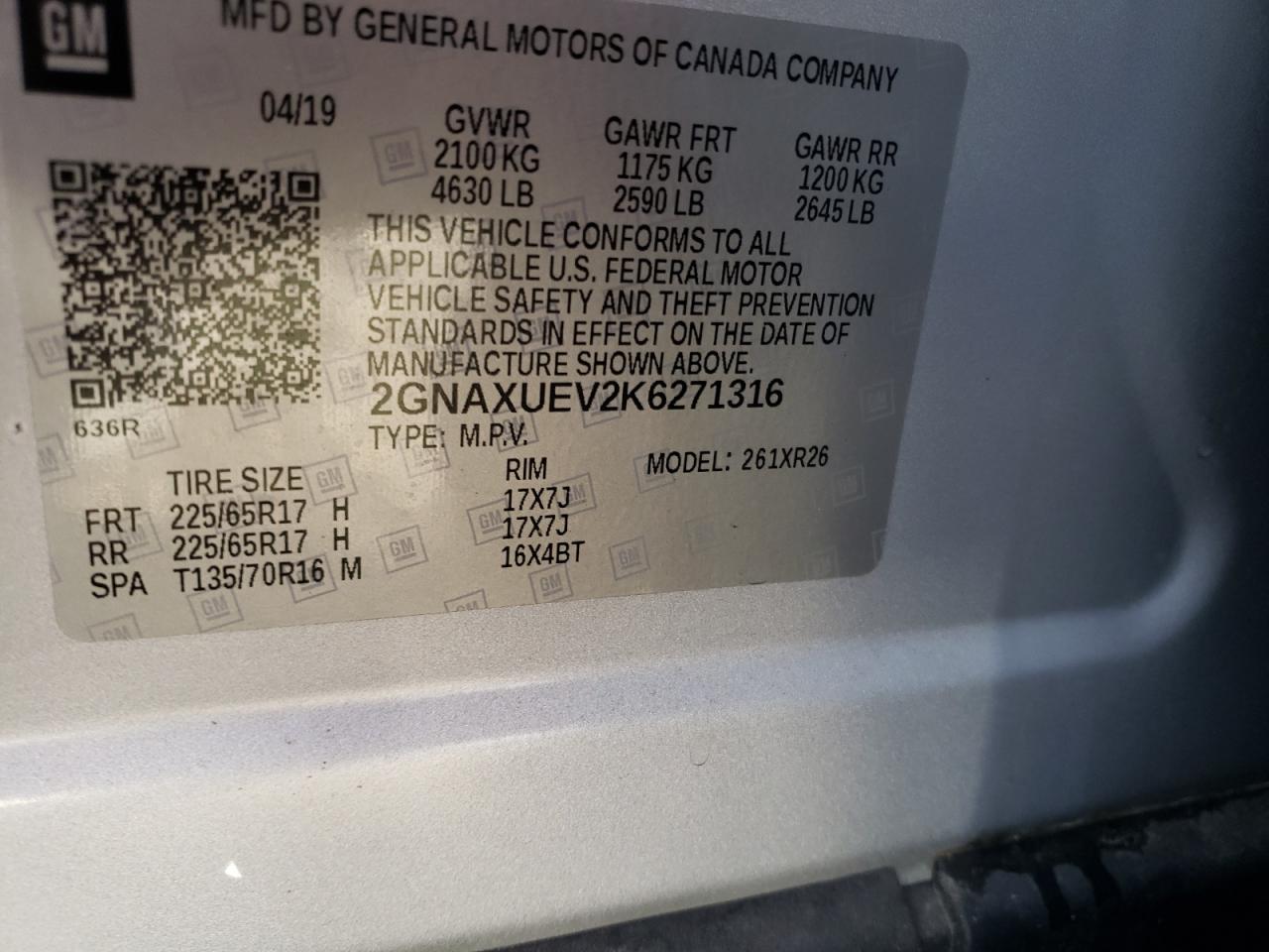 2019 Chevrolet Equinox VIN 2GNAXUEV2K6271316 Copart auction photo, side damage thumbnail 13