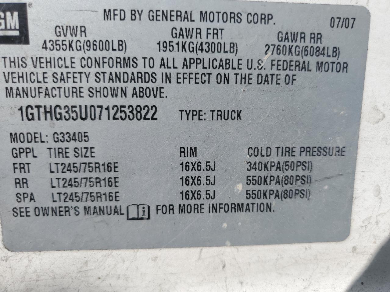 2007 GMC Savana VIN 1GTHG35U071253822 Copart auction photo, rear end / hail damage thumbnail 13