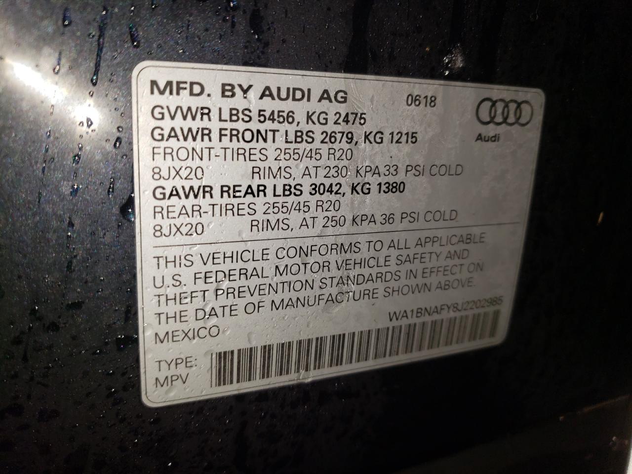 2018 Audi Q5 VIN WA1BNAFY8J2202985 Copart auction photo, front end damage thumbnail 13