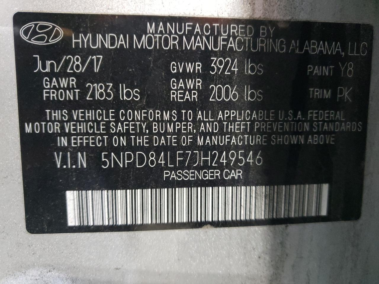 2018 Hyundai Elantra VIN 5NPD84LF7JH249546 Copart auction photo, rear end / hail damage thumbnail 14
