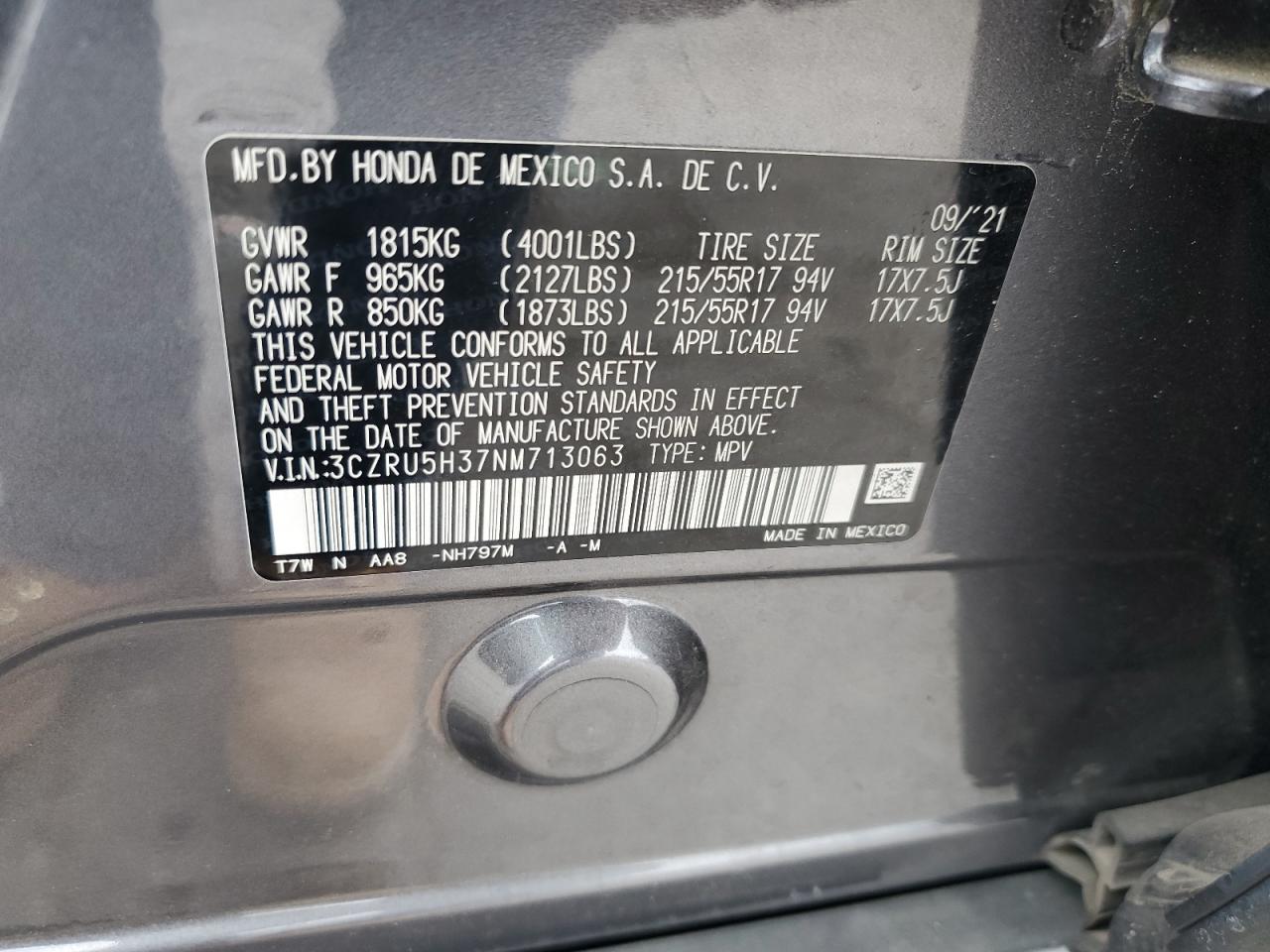 2022 Honda HR-V VIN 3CZRU5H37NM713063 Copart auction photo, side damage thumbnail 15