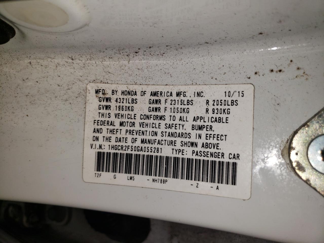 2016 Honda Accord VIN 1HGCR2F50GA055281 Copart auction photo, front end / minor dent/scratches damage thumbnail 12