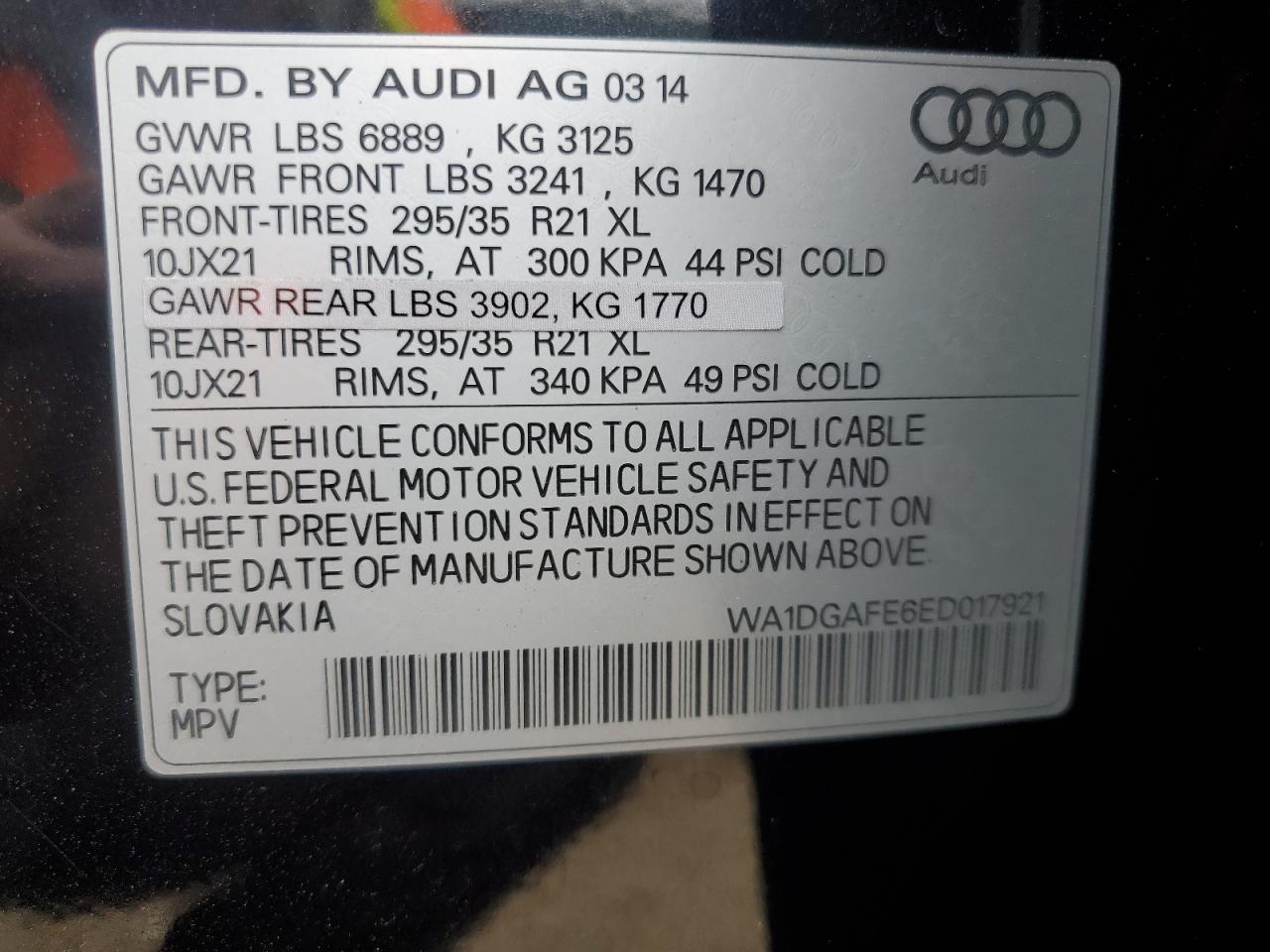 2014 Audi Q7 VIN WA1DGAFE6ED017921 Copart auction photo, front end damage thumbnail 13