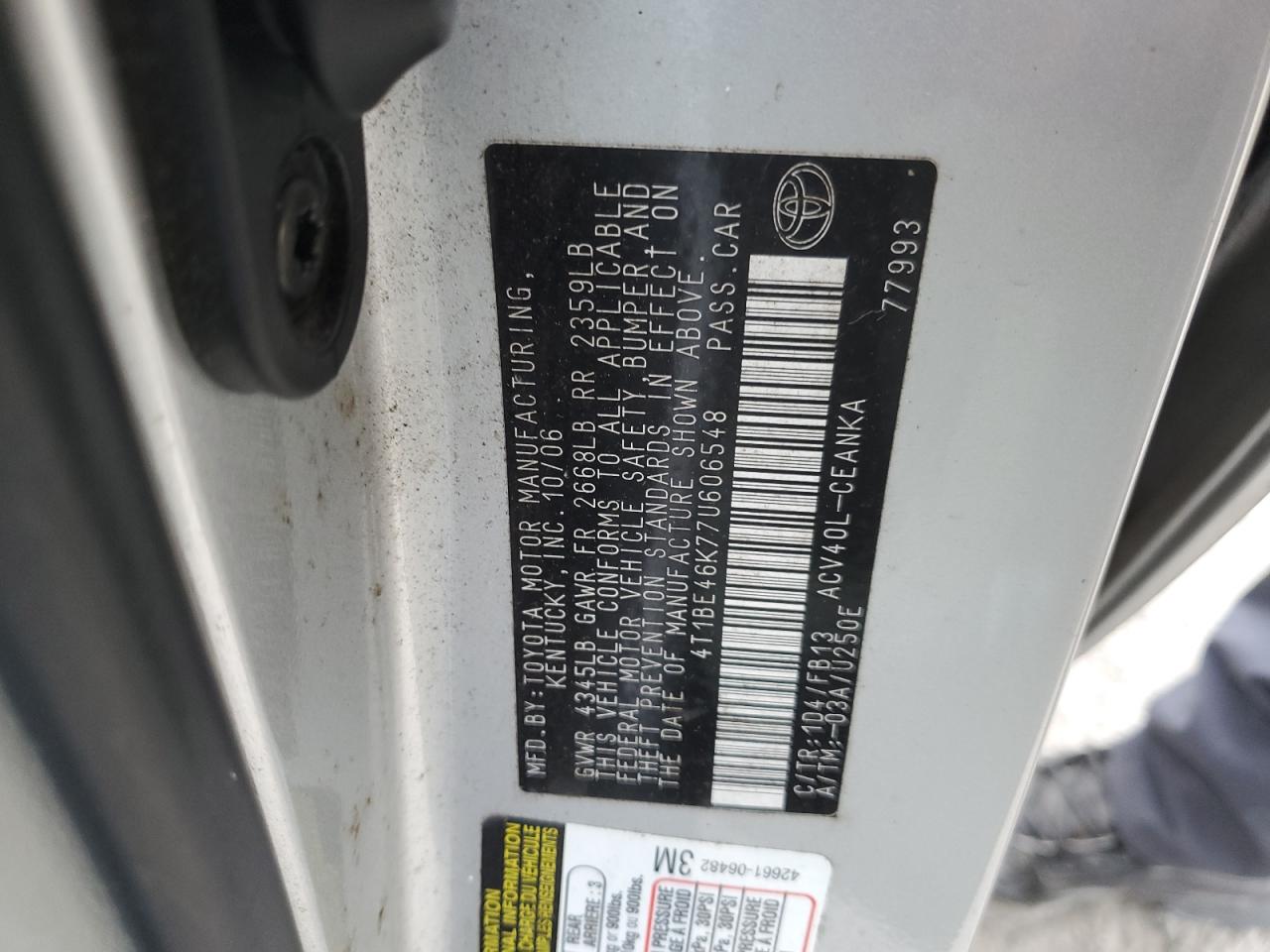2007 Toyota Camry VIN 4T1BE46K77U606548 Copart auction photo, all over damage thumbnail 12