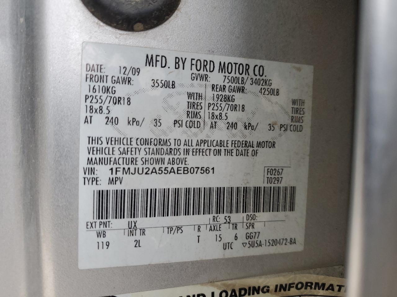 2010 Ford Expedition VIN 1FMJU2A55AEB07561 Copart auction photo, front end / undercarriage damage thumbnail 15