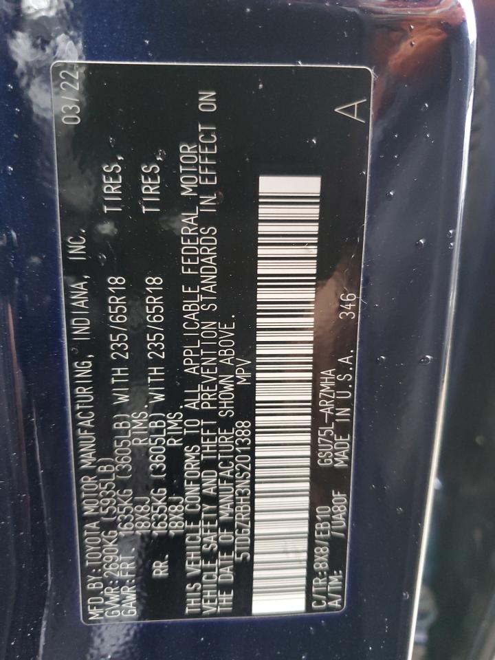 2022 Toyota Highlander VIN 5TDGZRBH3NS201388 Copart auction photo, rear end / stripped damage thumbnail 14
