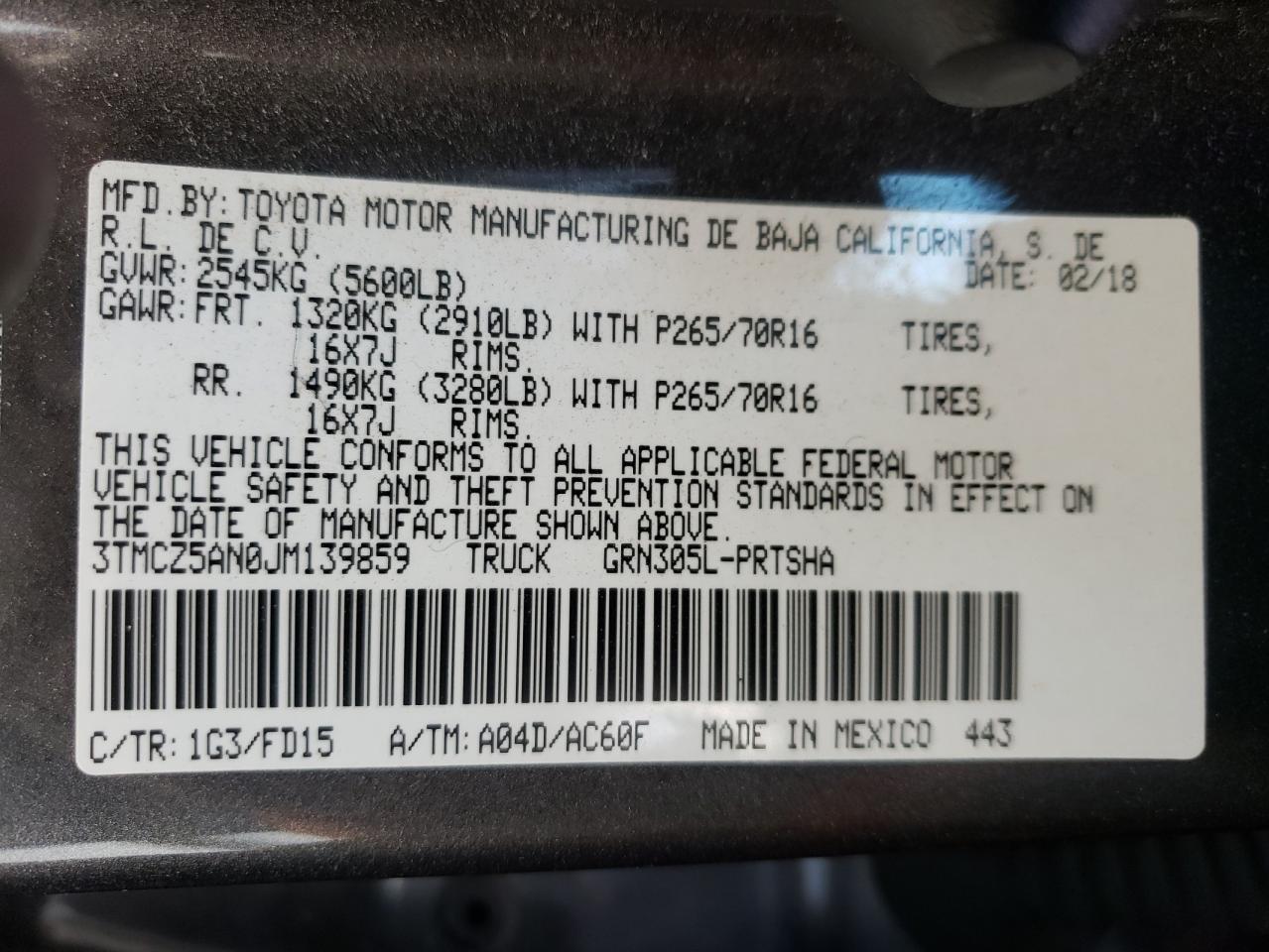 2018 Toyota Tacoma VIN 3TMCZ5AN0JM139859 Copart auction photo, front end / hail damage thumbnail 13