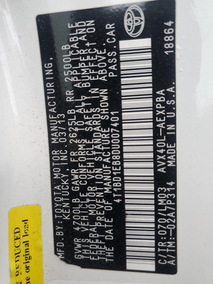 2013 Toyota Avalon VIN 4T1BD1EB8DU007401 Copart auction photo, vandalism / minor dent/scratches damage thumbnail 12