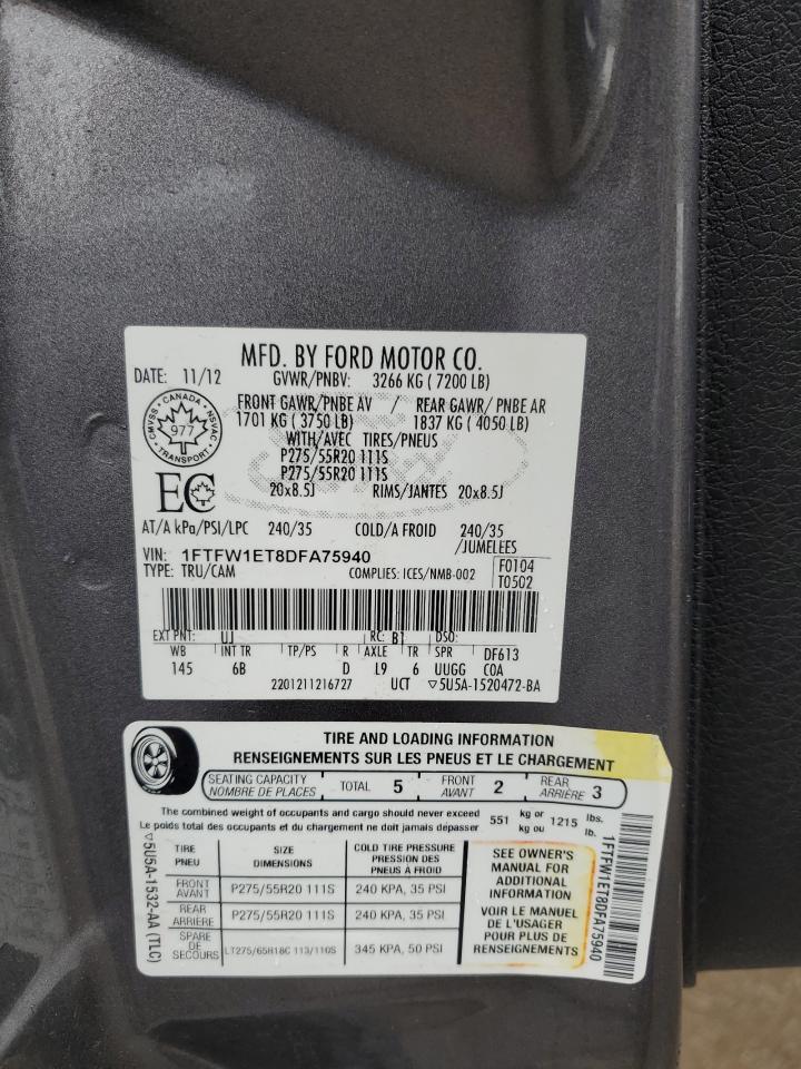 2013 Ford F-150 VIN 1FTFW1ET8DFA75940 Copart auction photo, side / rear end damage thumbnail 12