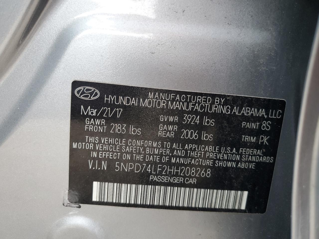 2017 Hyundai Elantra VIN 5NPD74LF2HH208268 Copart auction photo, front end damage thumbnail 12