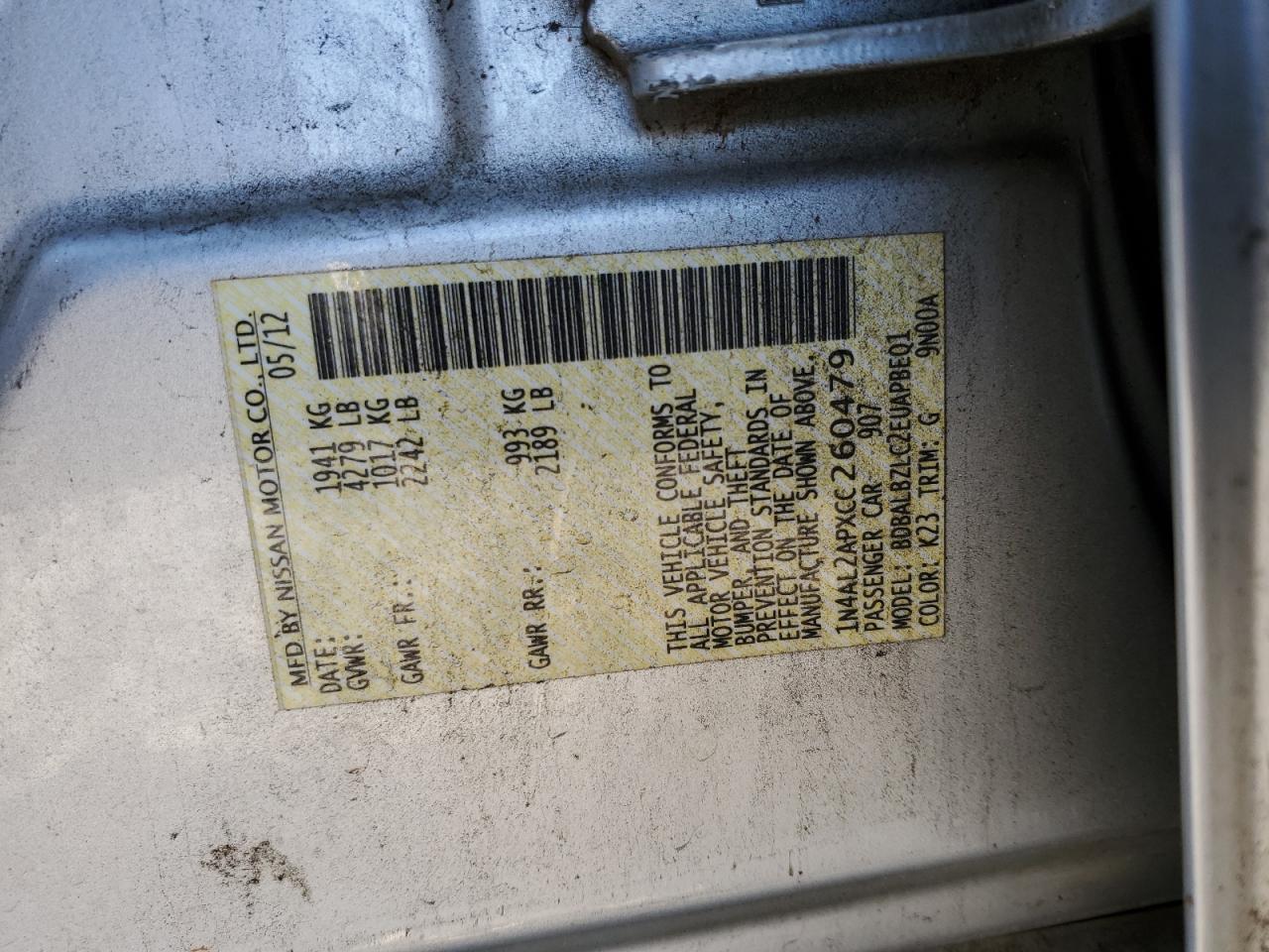 2012 Nissan Altima VIN 1N4AL2APXCC260479 Copart auction photo, all over damage thumbnail 13